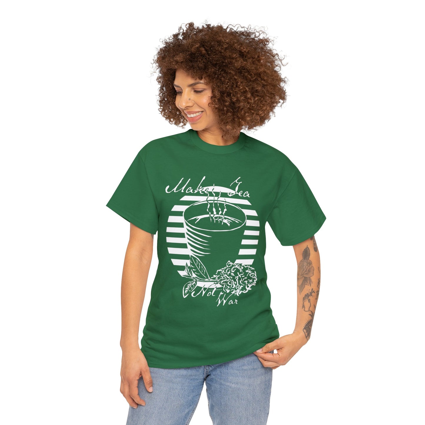 Make Tea Not War -White Design on Unisex Heavy Cotton Tee