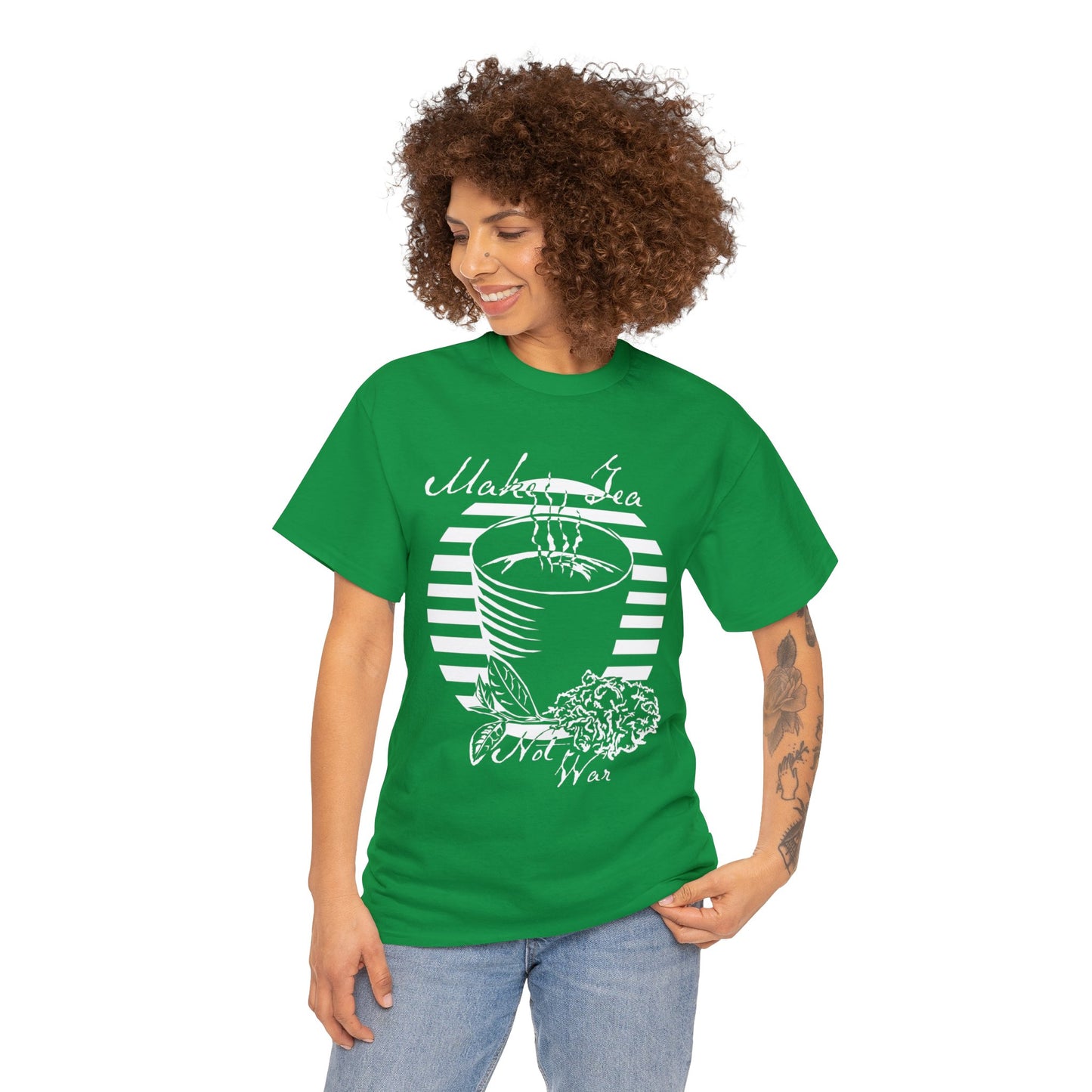 Make Tea Not War -White Design on Unisex Heavy Cotton Tee