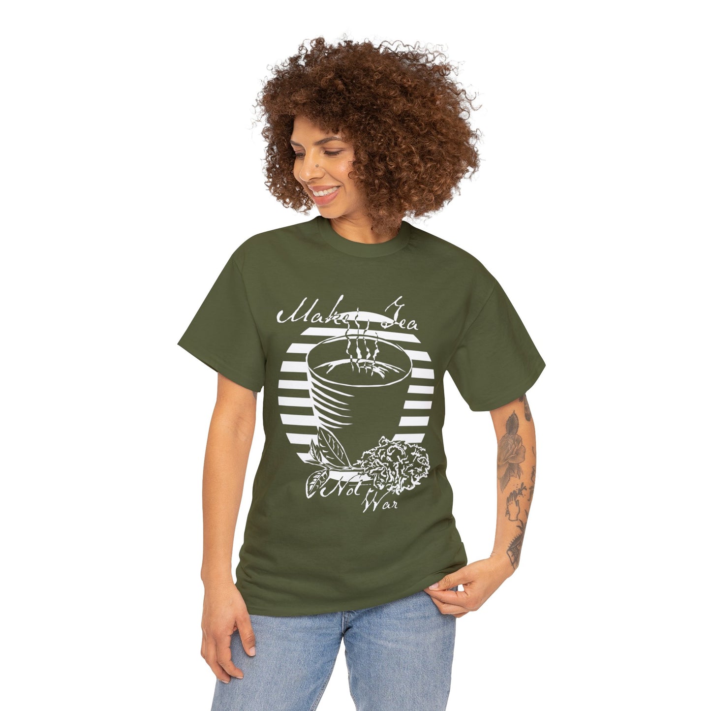 Make Tea Not War -White Design on Unisex Heavy Cotton Tee