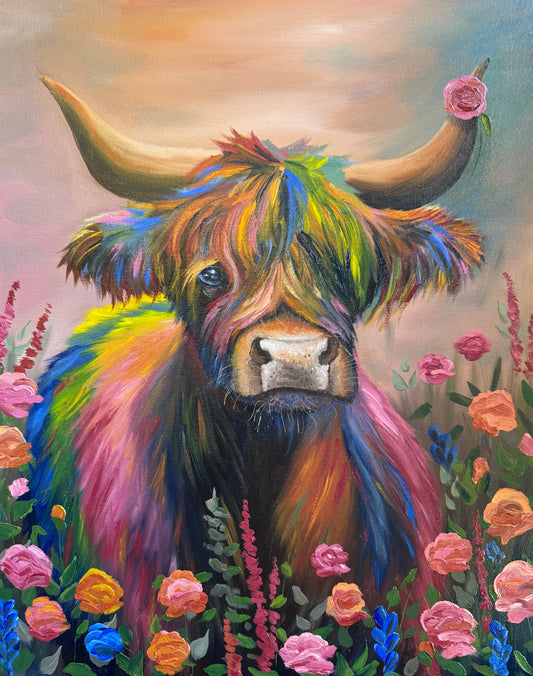 Rainbow: Highland Cow In The Rose Garden II