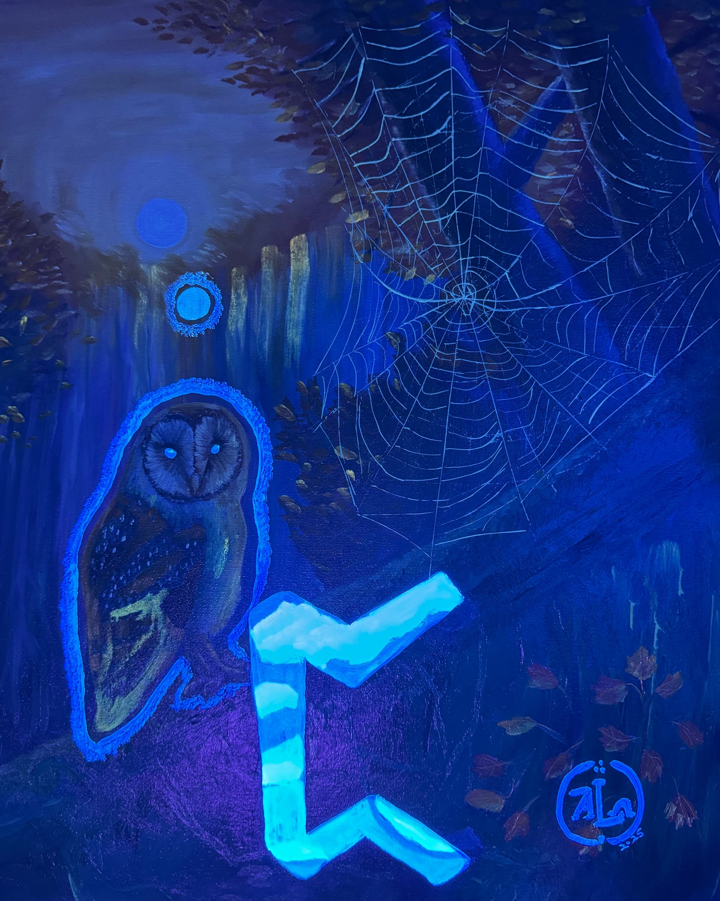 Elder Futhark Runes: Perthro, Owl with Spider's Web (Mystery/Fate)