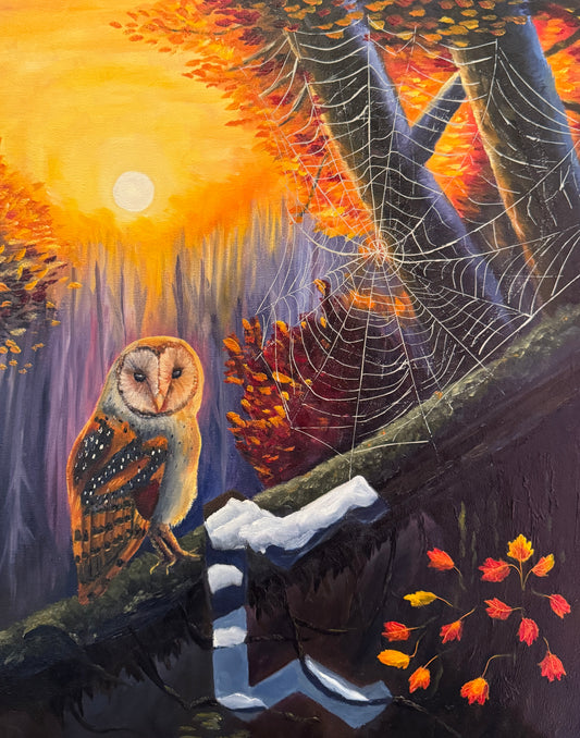 Elder Futhark Runes: Perthro, Owl with Spider's Web (Mystery/Fate)